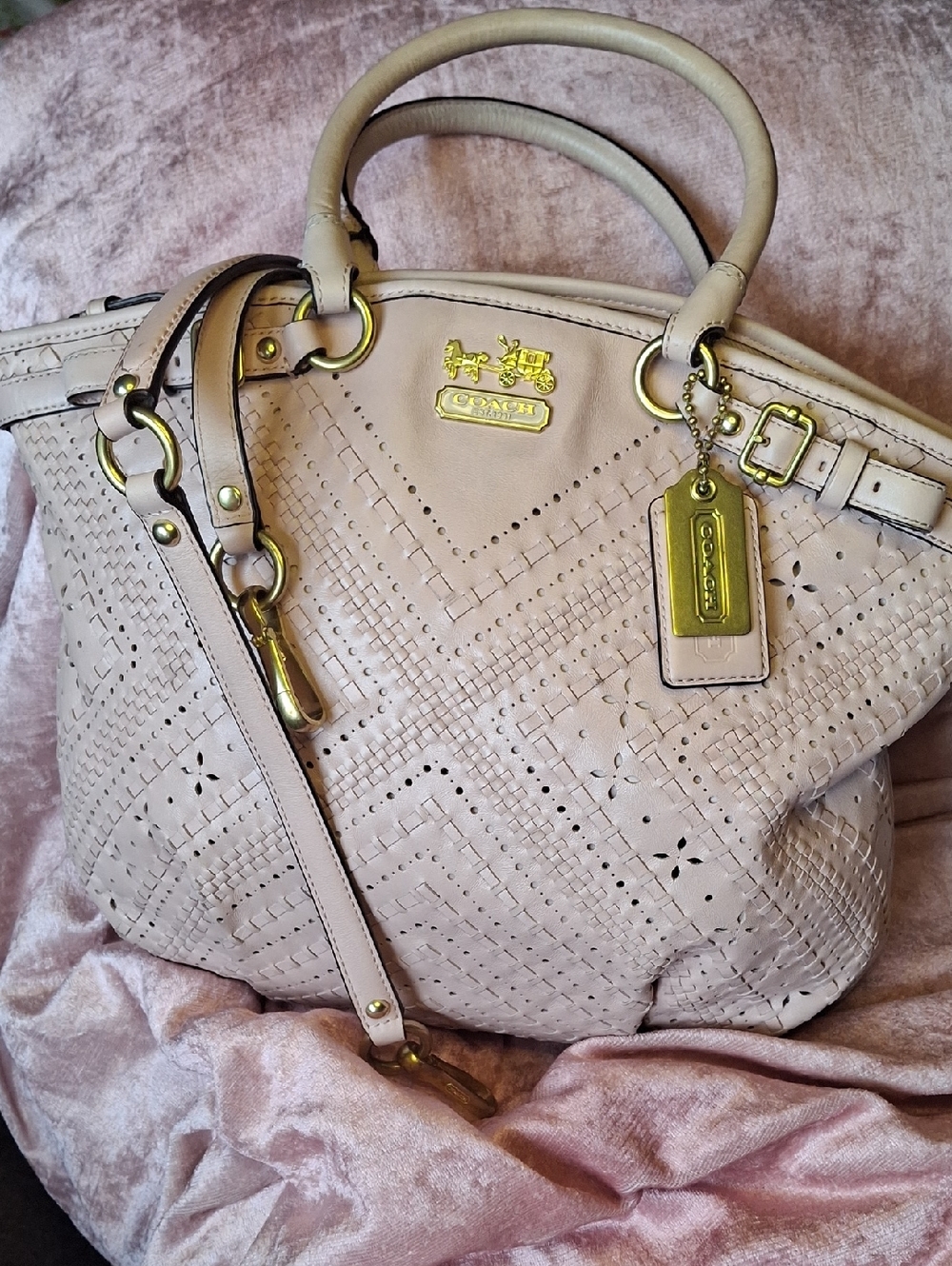 COACH MADISON CRISSCROSS Perforated Leather Satchel in Blush Beige
